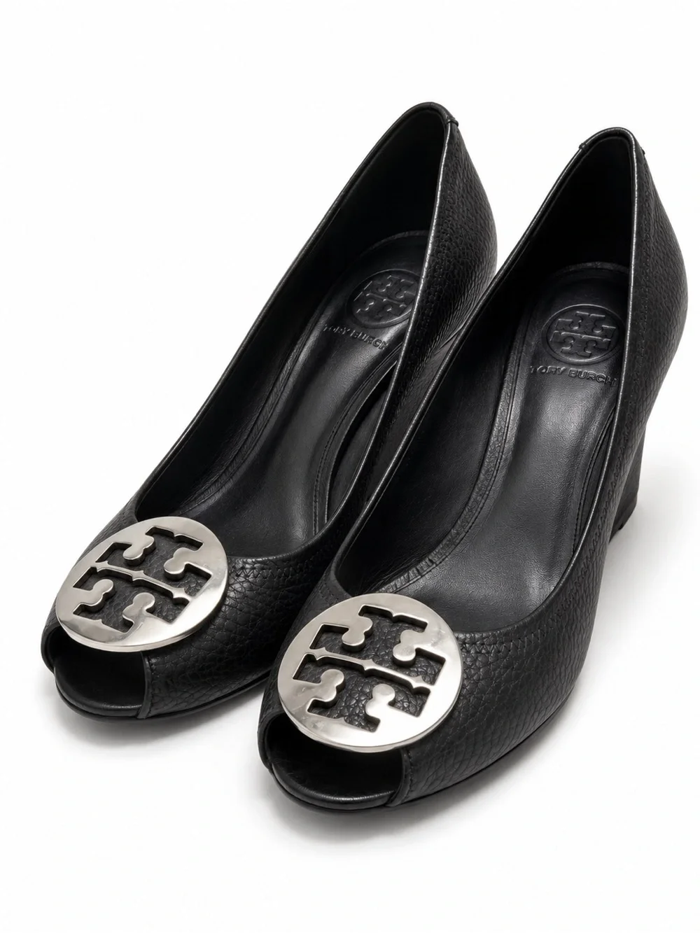 Tory Burch Black Leather Peep-Toe Wedges with Silver Logo Medallion
